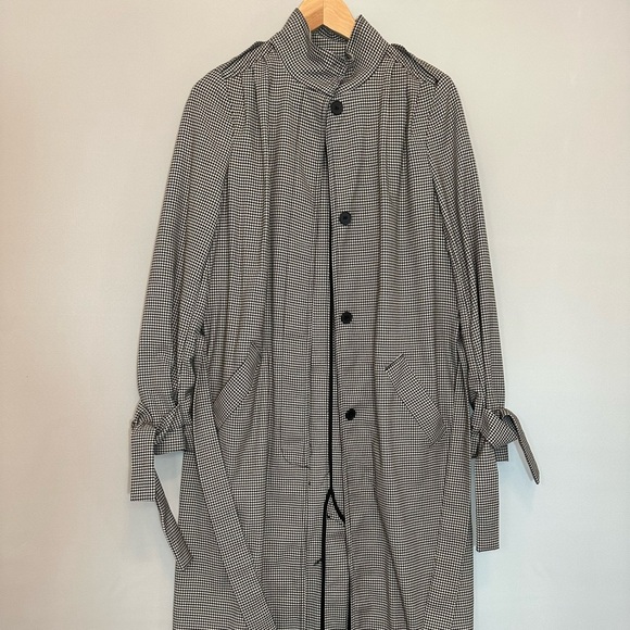 H&M Houndstooth Size 2 Long Trench Coat Belt Front Buttons Back Slit Pockets - Picture 12 of 16